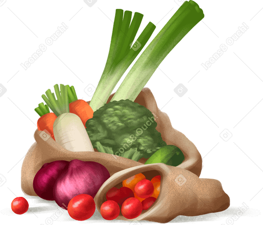 Sacs en toile de jute avec des légumes PNG, SVG