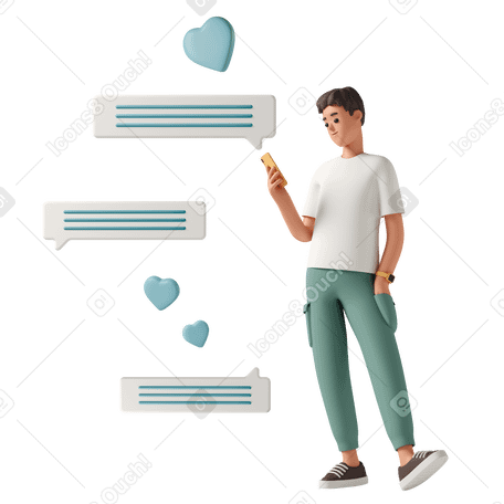 3D young man texting his significant other Illustration in PNG, SVG