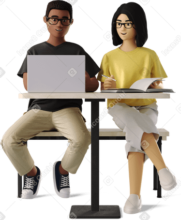 3D man and woman working at table with laptop PNG, SVG