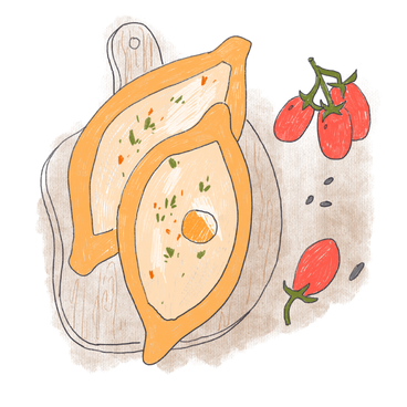 Two adjaruli and tomatoes on a wooden board PNG, SVG