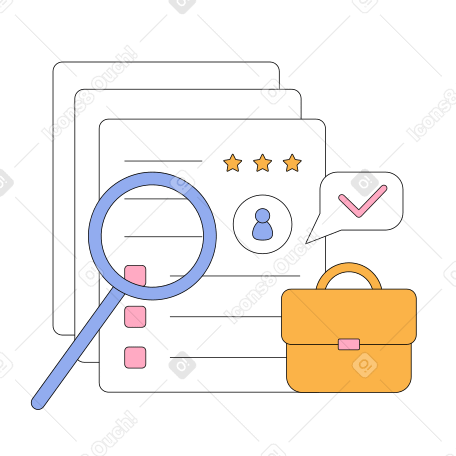 Candidate resumes and a magnifying glass with a business case Illustration in PNG, SVG
