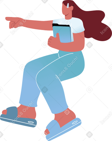 woman sits with a folder in her hand and points to something PNG, SVG