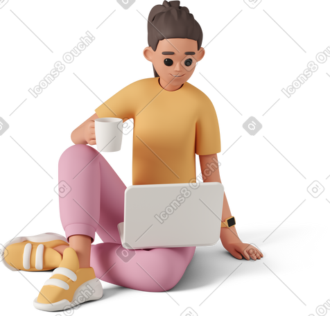 3D 有杯子和膝上型计算机的女孩坐在地板上 PNG, SVG