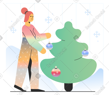 Woman decorates Christmas tree PNG, SVG