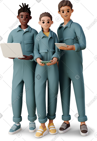 Young people in the worker jumpsuits with gadgets PNG, SVG