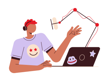Man with laptop and microphone recording a podcast PNG, SVG