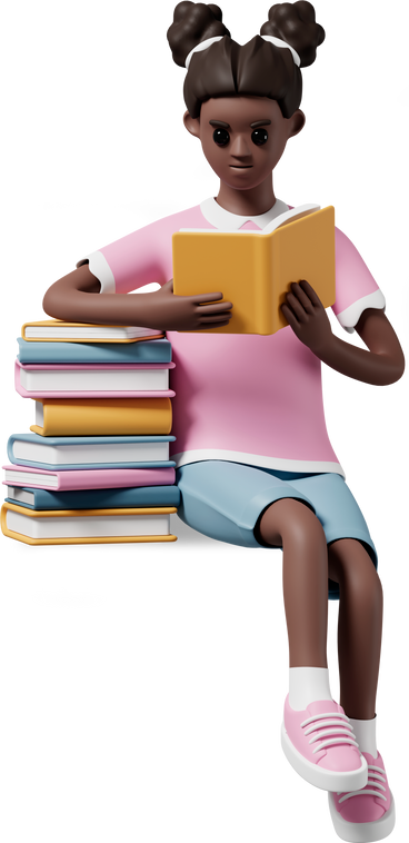 girl sitting leaning on stack of books and reading PNG, SVG