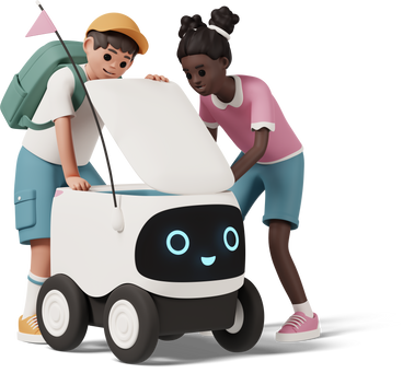 delivery robot with boy and girl в PNG, SVG