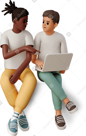 3D two young men with laptop PNG、SVG