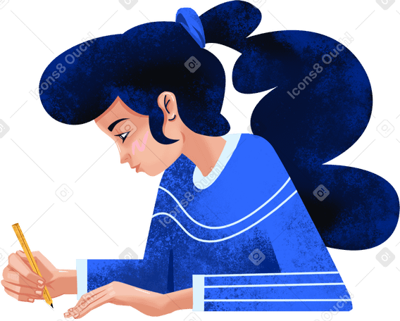 girl in a blue sweater with a pencil Illustration in PNG, SVG