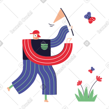 Man catching butterflies with a net PNG, SVG