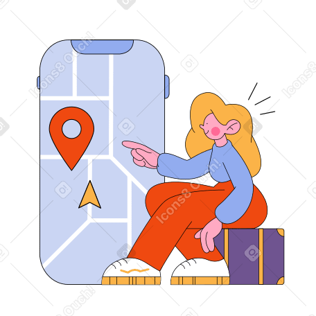 女孩坐在手提箱上，靠近带导航器的电话 PNG, SVG