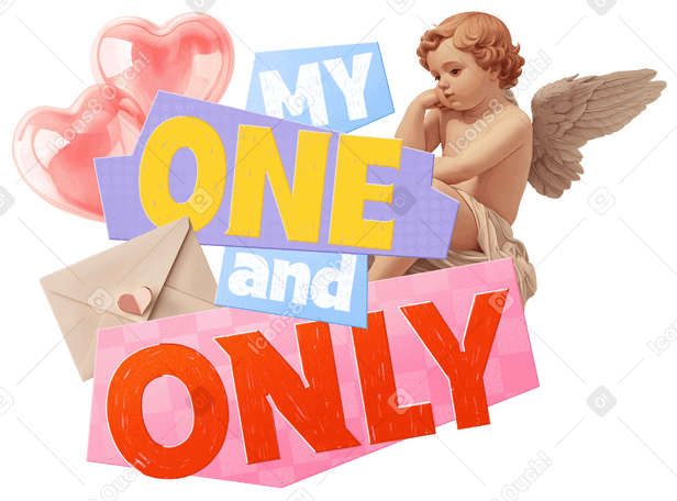 Lettering my one and only con cupido, busta e palloncini a forma di cuore PNG, SVG