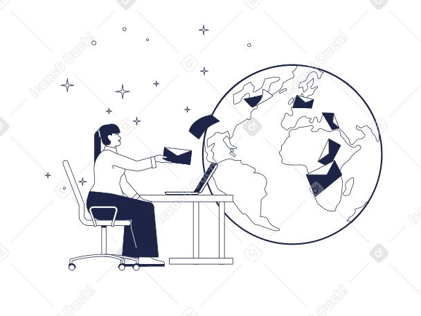 Woman with laptop sends mail around the world PNG, SVG