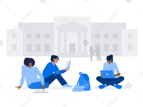 College students sit on the grass in front of the university building Illustration in PNG, SVG