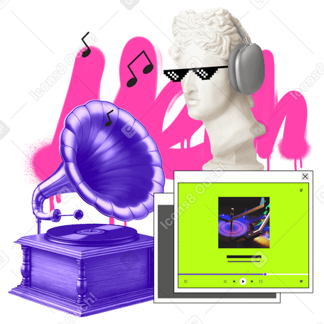 Serviços de streaming de música com ambiente vintage, escultura de busto e gramofone PNG, SVG
