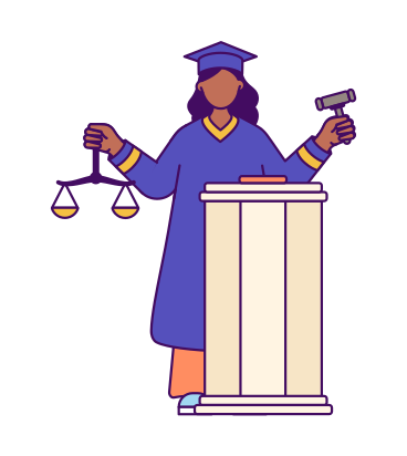 Juge debout au banc du juge avec des écailles de themis et un marteau PNG, SVG
