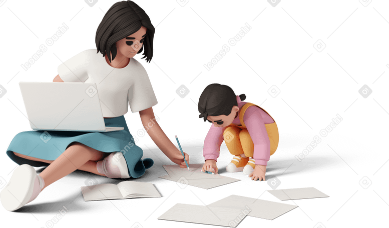 3D business mom working at laptop while her daughter drawing on her document в PNG, SVG