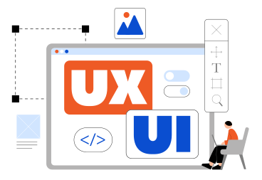 Надпись ux/ui с курсором, шестернями и текстом на панели инструментов в PNG, SVG