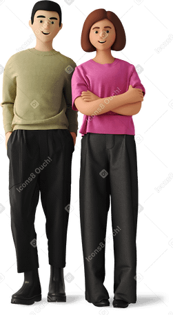3D man and woman in casual clothes standing and smiling Illustration in PNG, SVG