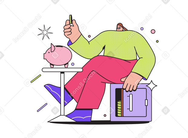 Woman sitting on safe near piggy bank and holding coin Illustration in PNG, SVG