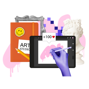 Digital artist's workspace with digital tablet and sketchbook PNG, SVG