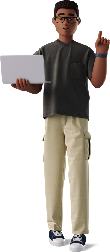 Young man with laptop pointing up в PNG, SVG