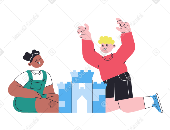 Boy and girl playing with construction set PNG, SVG