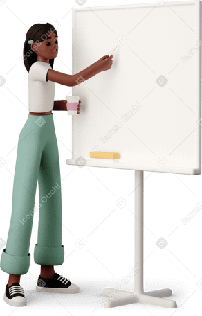 3D young woman giving lesson material standing next to whiteboard PNG, SVG