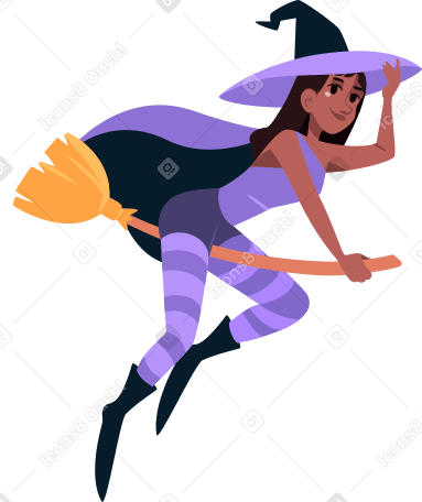 young witch with a hat on a broomstick PNG, SVG