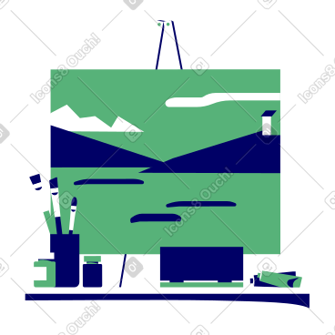 画架上的风景，周围环绕着颜料和画笔 PNG, SVG