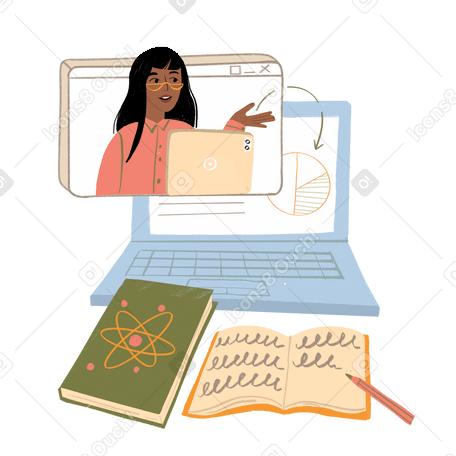 Girl online studying on laptop with presentation and science books Illustration in PNG, SVG