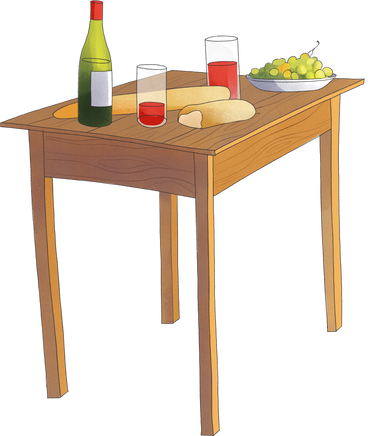 picnic table set with red wine, grapes and bread PNG, SVG
