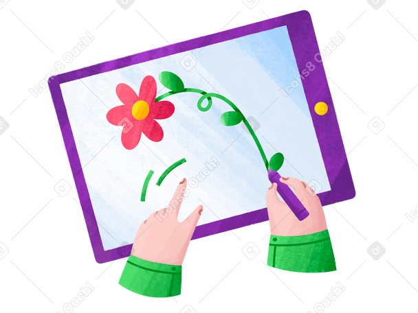 Hands draw a red flower on the ipad Illustration in PNG, SVG