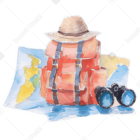 Travel backpack with map and binoculars PNG, SVG