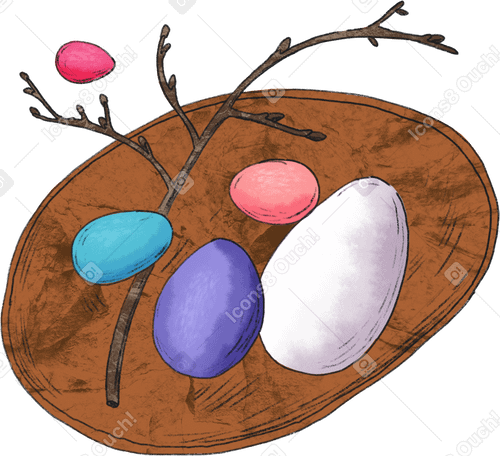 brown plate with colored easter eggs and a twig PNG, SVG
