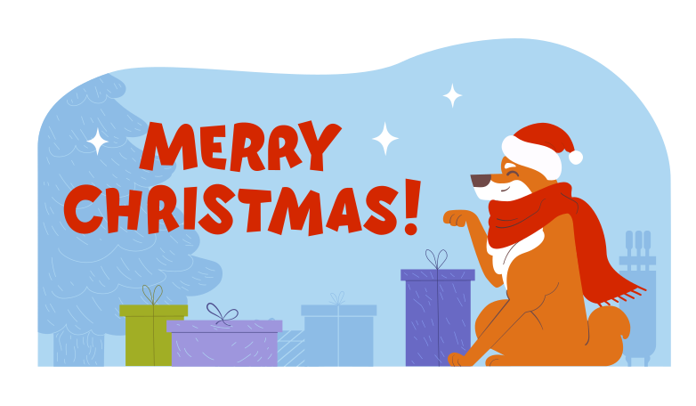 Merry Christmas text and dog opening Christmas presents Illustration in PNG, SVG