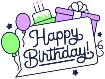 Lettering buon compleanno! con torta, palloncini e testo della confezione regalo PNG, SVG