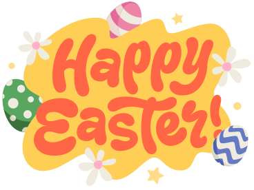 Lettering Happy Easter with eggs, flowers and stars text PNG, SVG