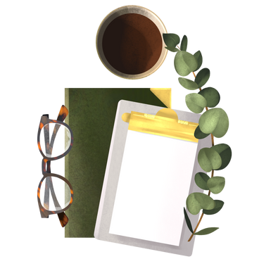 Notepad with glasses and a cup of coffee top view PNG, SVG