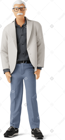 3D stylish old man in glasses standing Illustration in PNG, SVG