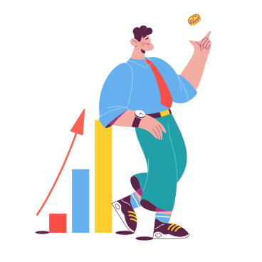 Ilustración animada de Hombre apoyado en una tabla de crecimiento mientras lanza una moneda en GIF, Lottie (JSON), AE