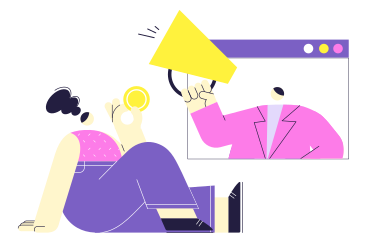 Publicité en ligne. homme avec un haut-parleur dans un ordinateur et une fille assise sur un sol avec de l'argent PNG, SVG