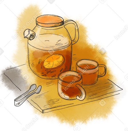 transparent large teapot with lemon drink and two glass mugs PNG, SVG