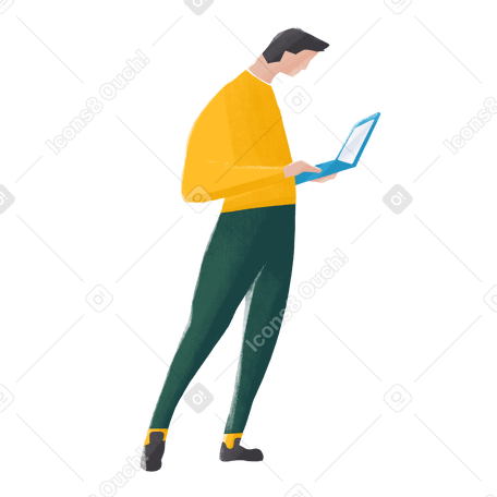 man standing with an open computer in his hands doing a work task Illustration in PNG, SVG