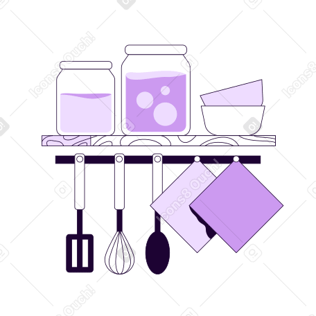 Shelf with jars and plates, kitchen utensils and napkins Illustration in PNG, SVG