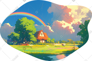 雨景，舒适的房子和彩虹背景 PNG, SVG