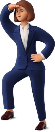 3D businesswoman in blue suit looking into the distance Illustration in PNG, SVG