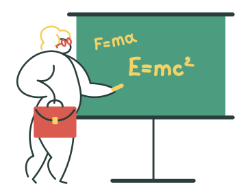 Profesor de física escribiendo fórmulas en la pizarra PNG, SVG