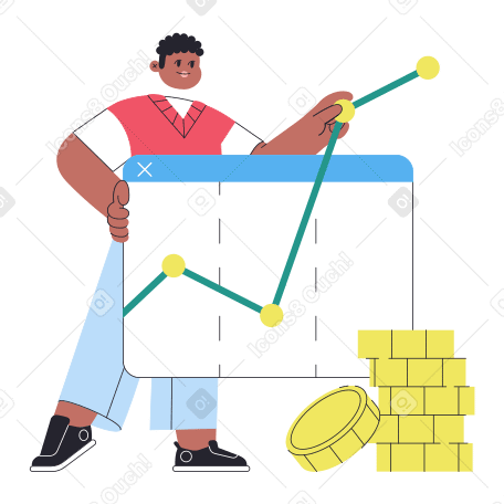 Man showing financial growth with graph and coin stack Illustration in PNG, SVG